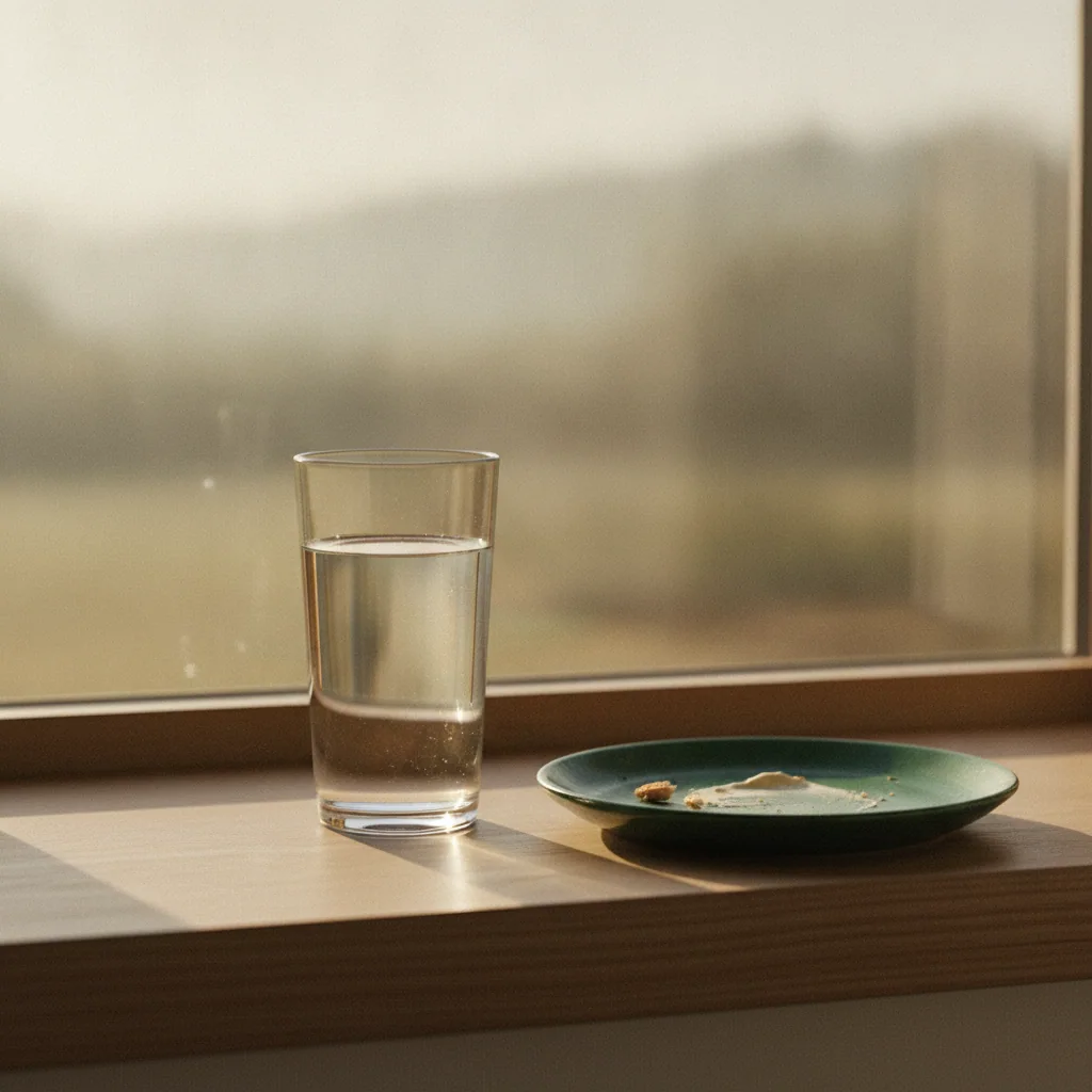 Glas water op een lichte vensterbank bij een ochtendmaaltijd, rustige sfeer